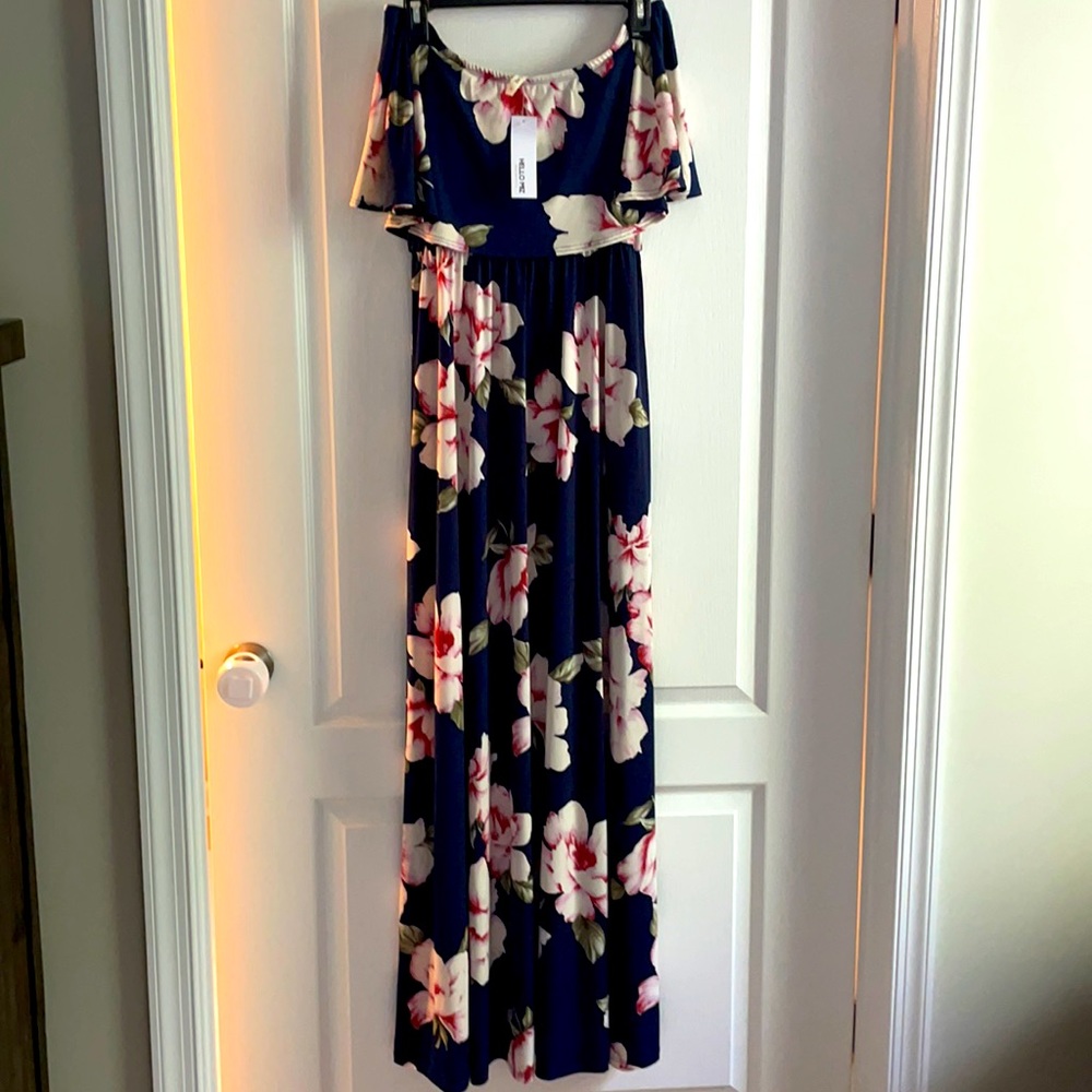 Blue and pink floral maxi maternity dress